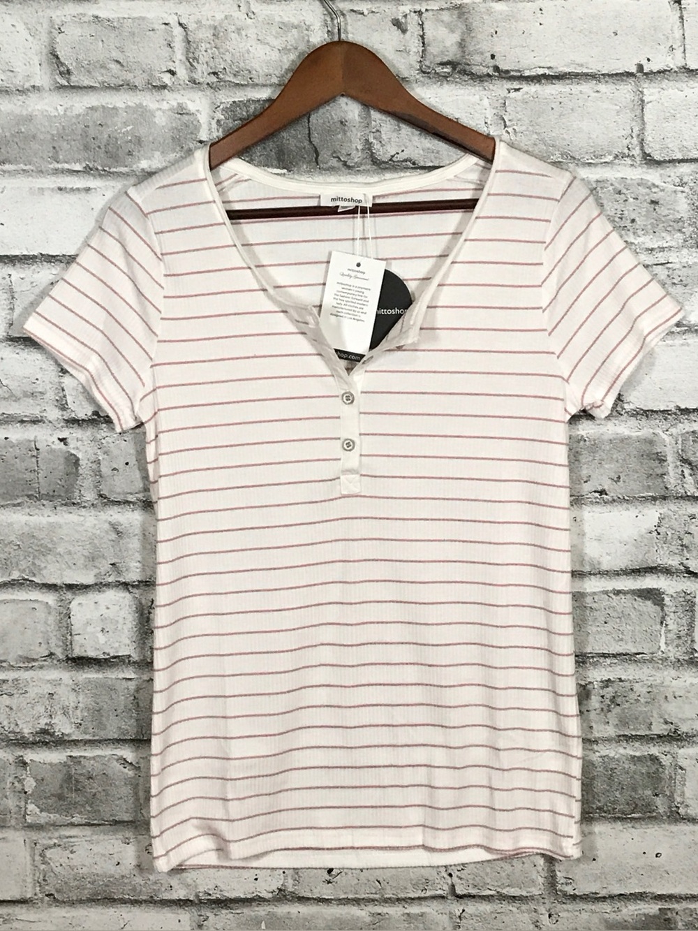 NWT. mittoshop Pink & White Striped Henley Short Sleeve Tee